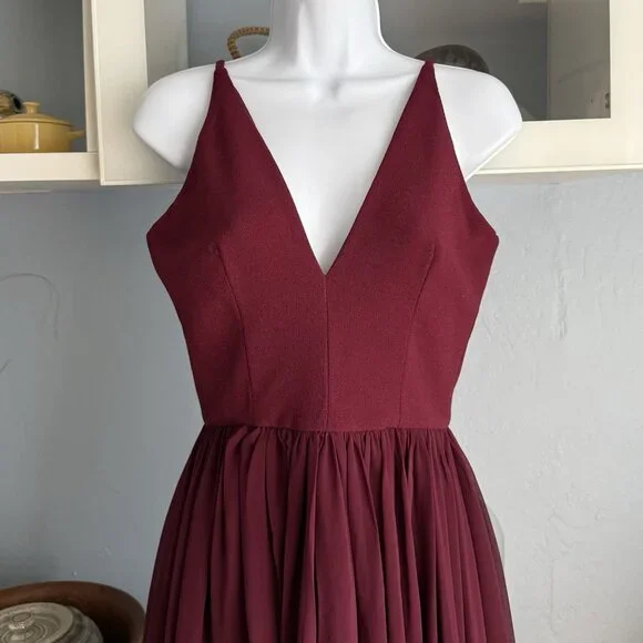 Dress the Population Alicia Mixed Media Midi Dress Burgundy Wine M - Picture 2 of 10